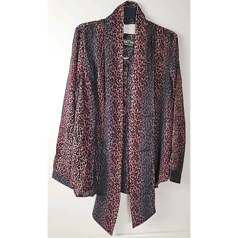 Bob Mackie Wearable Art Blouse Sz L Burnish Brown Black Animal Print With Sash